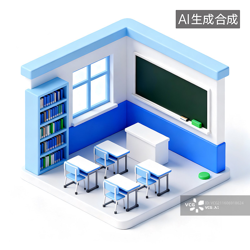 【AI数字艺术】卡通3D教室阅览室场景图片素材