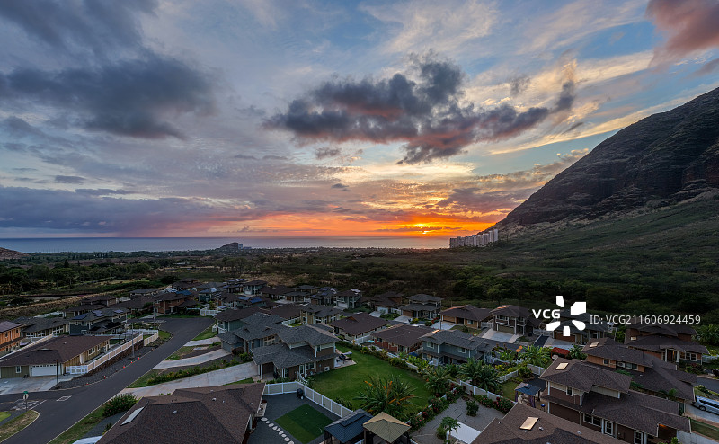 海上绝美日落，太平洋夏威夷航拍，美国日落景色图片素材
