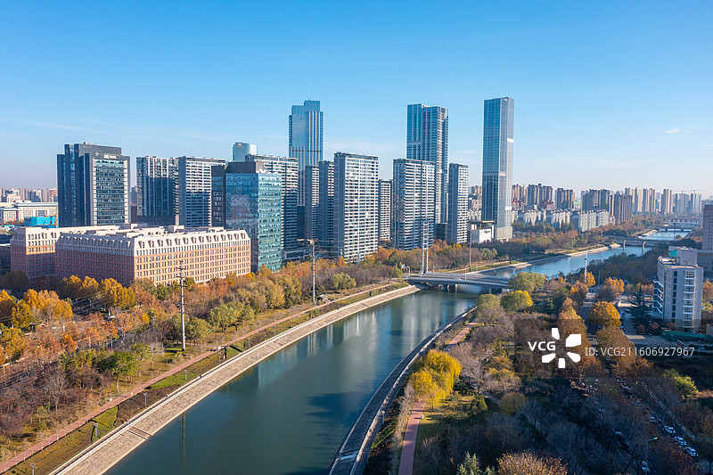 郑州CBD、双子塔、郑东万象城城市天际线，航拍郑州七里河风光、高楼大厦郑州东区风光图片素材