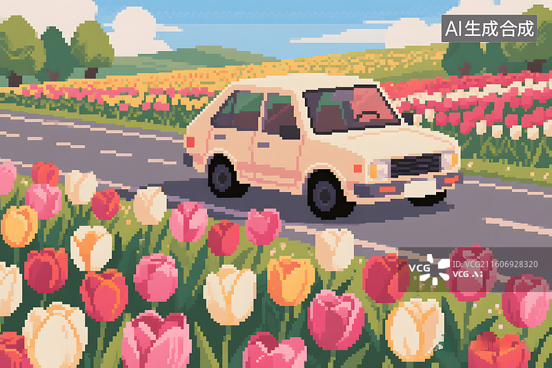 【AI数字艺术】郁金香花海公路自驾旅行图片素材