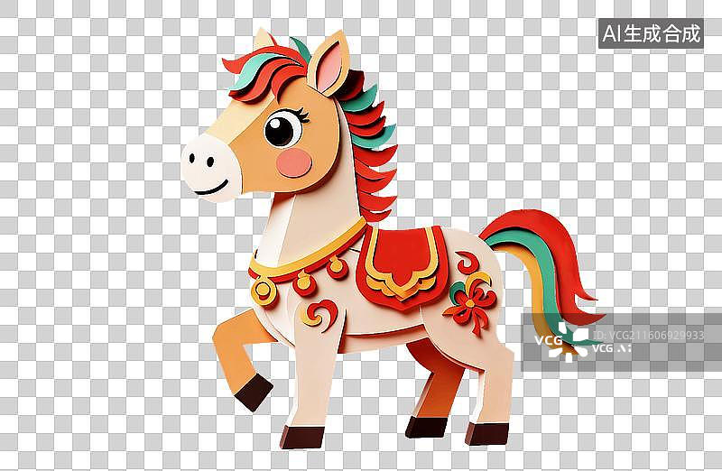 【AI数字艺术】新年喜庆小马驹立体剪纸纸雕衍纸艺术图片素材