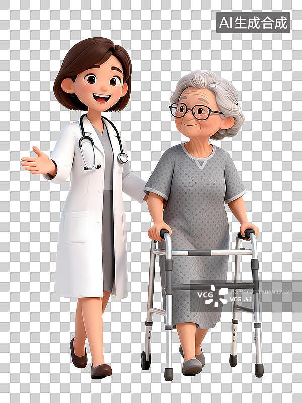 【AI数字艺术】3D渲染医生与使用助行器的老人在医院，免扣元素图片素材