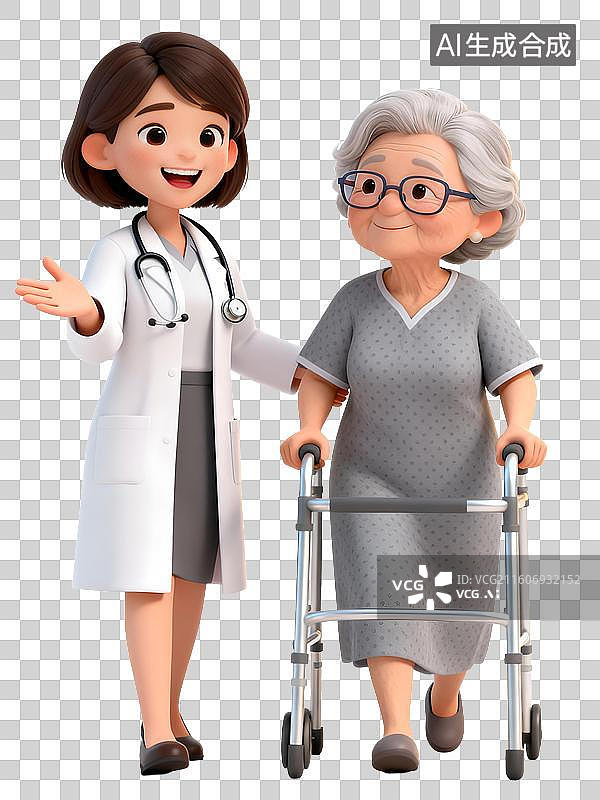 【AI数字艺术】3D渲染医生与使用助行器的老人在医院，免扣元素图片素材