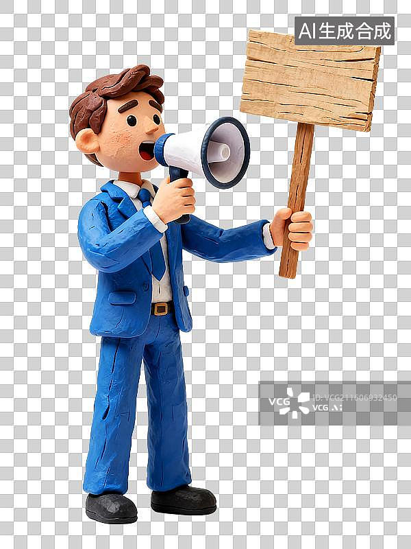 【AI数字艺术】穿蓝色套装的男性拿着木牌和喇叭，商务，喇叭，白领，说话，忠告图片素材