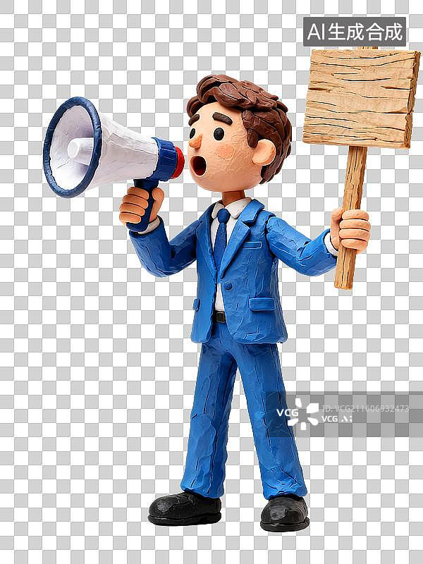 【AI数字艺术】穿蓝色套装的男性拿着木牌和喇叭，商务，喇叭，白领，说话，忠告图片素材