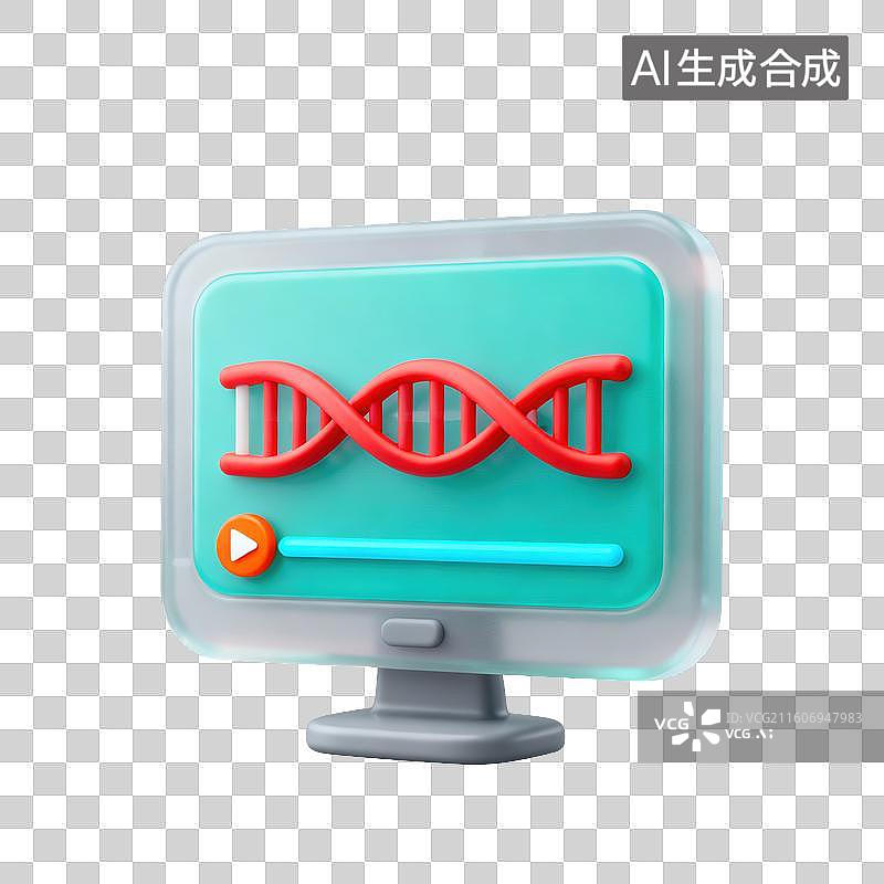 【AI数字艺术】3D磨砂玻璃材质教育主题生物学电脑显示器上DNA双螺旋结构讲解视频播放按钮进度条生物科普线上学习元素图片素材