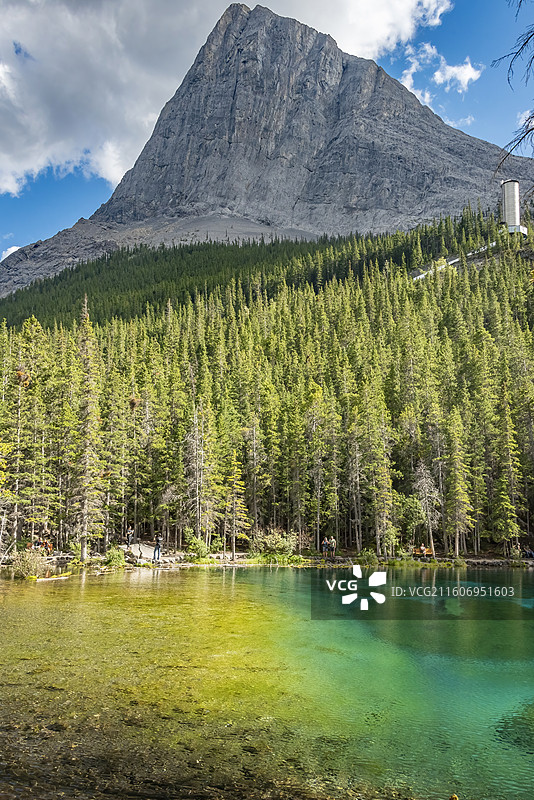 加拿大落基山脉Canmore镇Grassi湖，碧绿湖面清澈见底，森林雪山环绕，自然风光绝美。图片素材