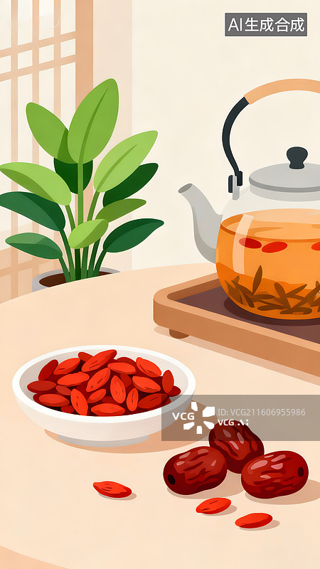 【AI数字艺术】绿色植物、养生茶与枸杞红枣图片素材