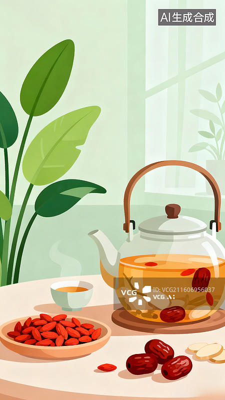 【AI数字艺术】绿色植物、养生茶与枸杞红枣图片素材