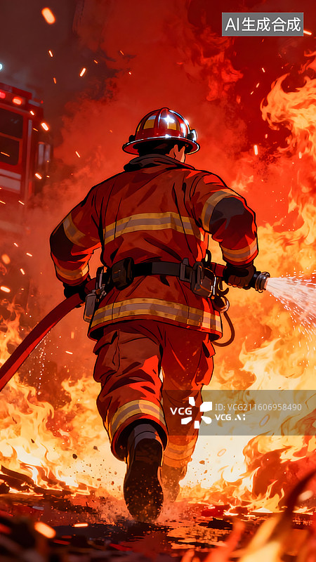 【AI数字艺术】冲向火灾现场的消防队员英勇灭火图片素材