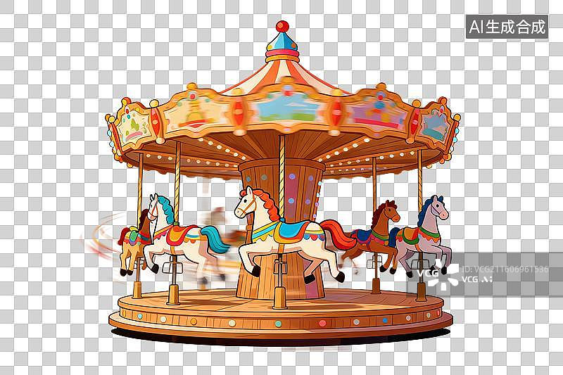 【AI数字艺术】卡通风格，游乐园设施，旋转木马PNG格式的免扣元素图片素材