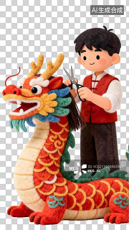 【AI数字艺术】二月二国风龙抬头男孩给中国风的龙剪头发 二月二龙抬头理发习俗 二月二龙抬头创意龙理发图片素材