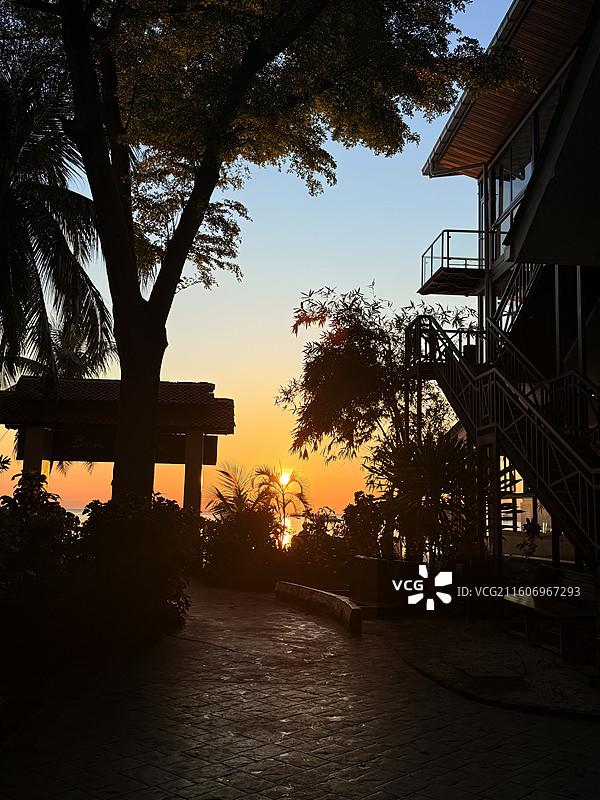 浪中岛海滩日落和鲨鱼图片素材