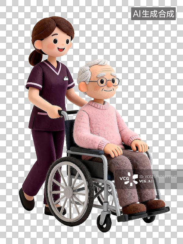 【AI数字艺术】3D女护士推着坐轮椅的老人免扣元素图片素材