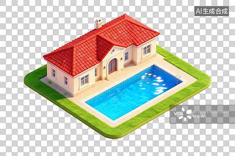 【AI数字艺术】卡通风格，带着泳池的豪宅别墅PNG格式的免扣元素图片素材