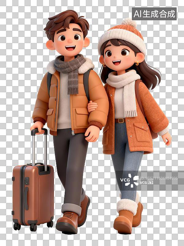 【AI数字艺术】一对冬装年轻情侣拉着手推箱，手拉手开心去度蜜月，度假图片素材