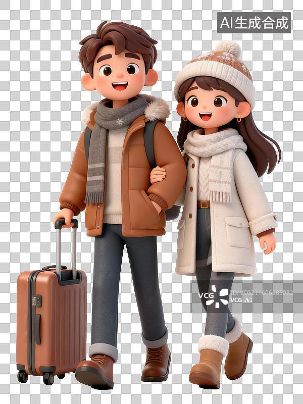 【AI数字艺术】一对冬装年轻情侣拉着手推箱，手拉手开心去度蜜月，度假图片素材