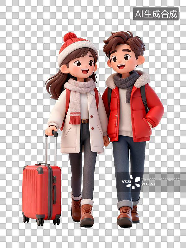 【AI数字艺术】一对冬装年轻情侣拉着手推箱，手拉手开心去度蜜月，度假图片素材
