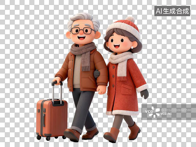 【AI数字艺术】一对冬装老年夫妻拉着行李箱去度假旅游，3D免抠元素图片素材