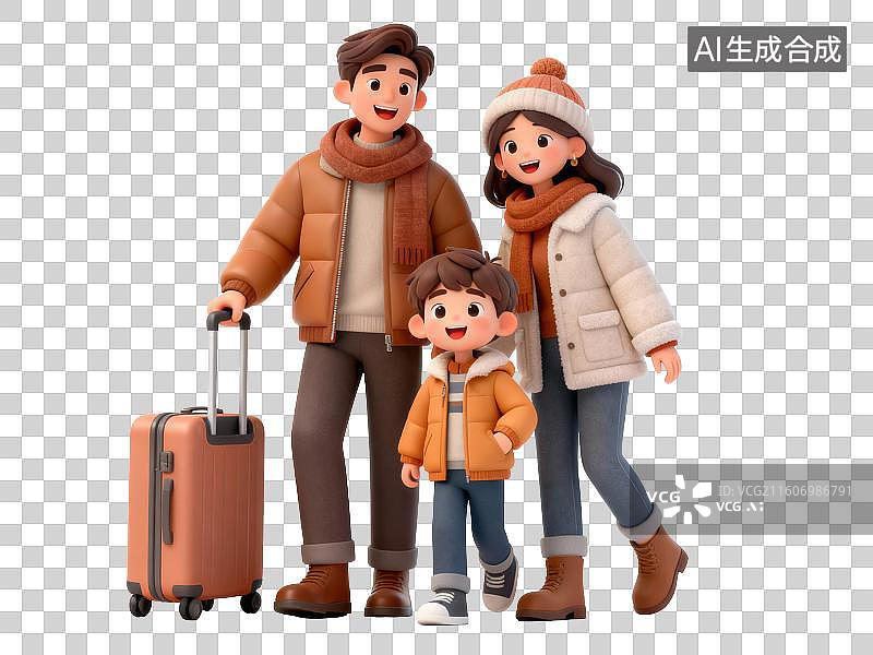 【AI数字艺术】一家三人拉着行李箱去度假旅游，冬装，3D免抠元素图片素材