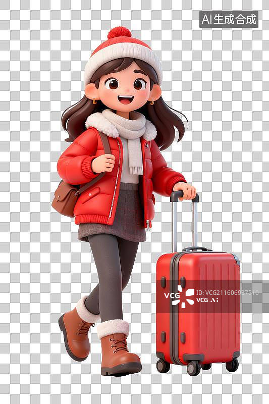 【AI数字艺术】一个冬装美女拉着行李箱出游，3D免抠元素图片素材