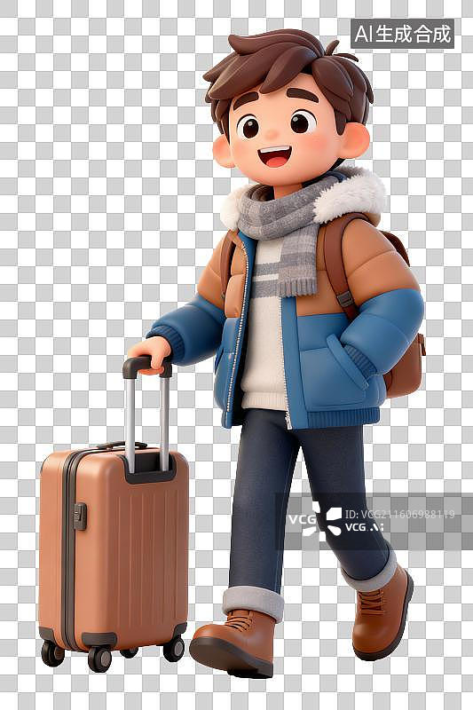 【AI数字艺术】一个冬装男孩拉着行李箱出游，3D免抠元素图片素材