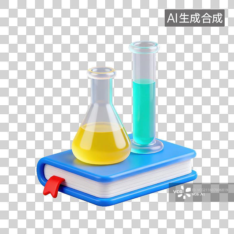 【AI数字艺术】3D磨砂玻璃材质教育主题化学教科书课本上放着锥形烧瓶和量筒元素图片素材