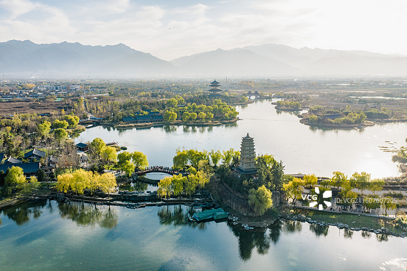 航拍渼陂湖公园图片素材