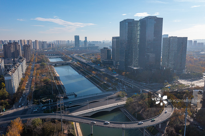 郑州CBD、双子塔、郑东万象城城市天际线，航拍郑州七里河风光、高楼大厦郑州东区风光图片素材