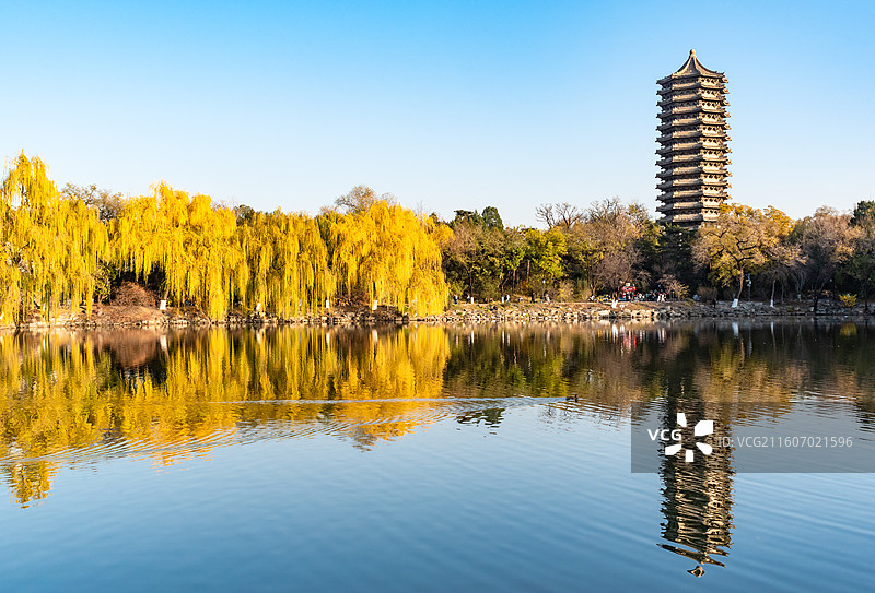燕园风景：秋天北京大学未名湖博雅塔湖光塔影图片素材