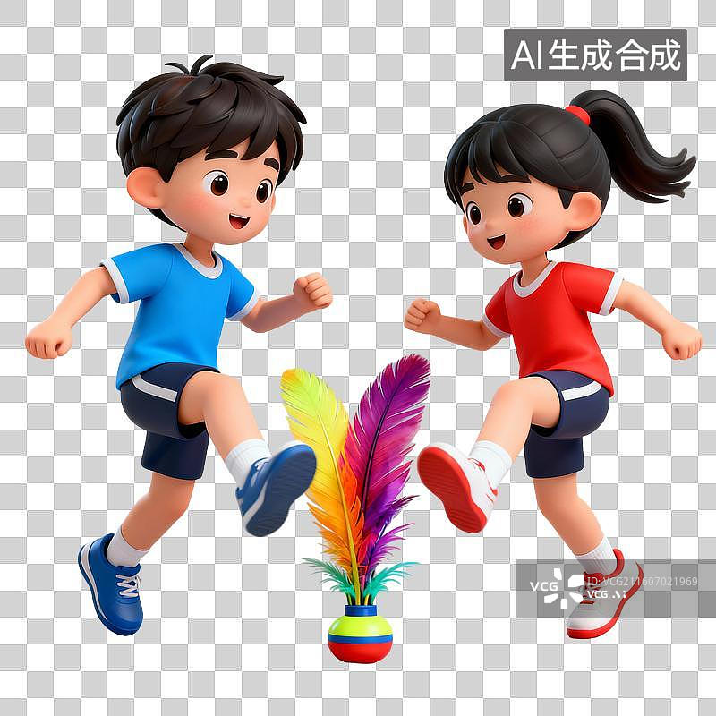 【AI数字艺术】3D拟物风格体育运动健身瘦身减肥娱乐休闲生活方式元素两个人踢毽子图片素材