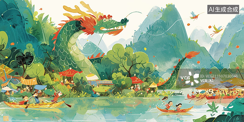 【AI数字艺术】国风手绘龙舟与祥龙山景场景图片素材