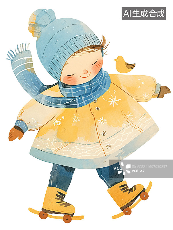 【AI数字艺术】水彩手绘冬日滑冰小孩与小鸟场景图片素材