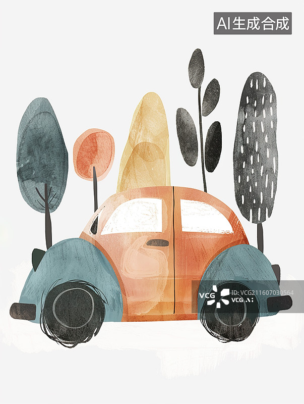 【AI数字艺术】水彩手绘卡通汽车与抽象树木场景图片素材