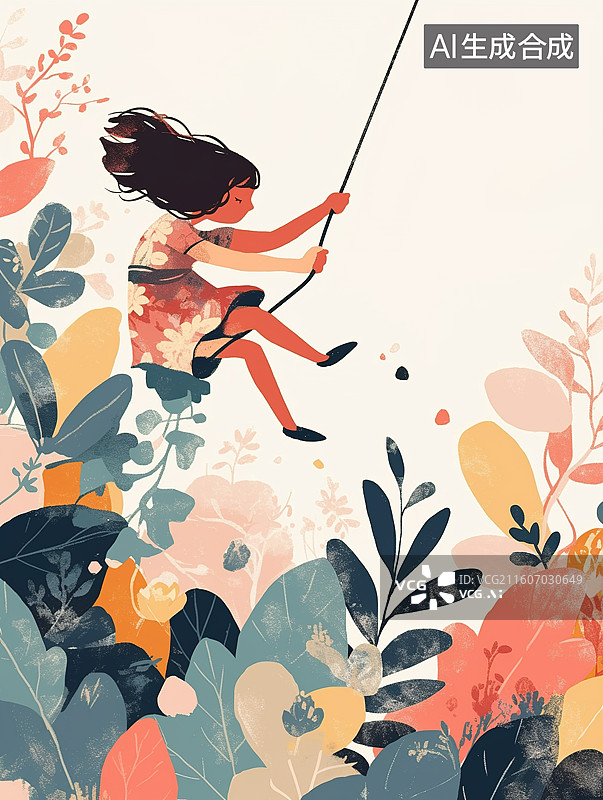 【AI数字艺术】手绘女孩荡秋千花草场景图片素材