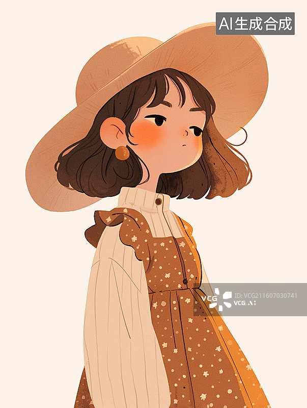 【AI数字艺术】手绘戴宽檐帽女孩场景图片素材