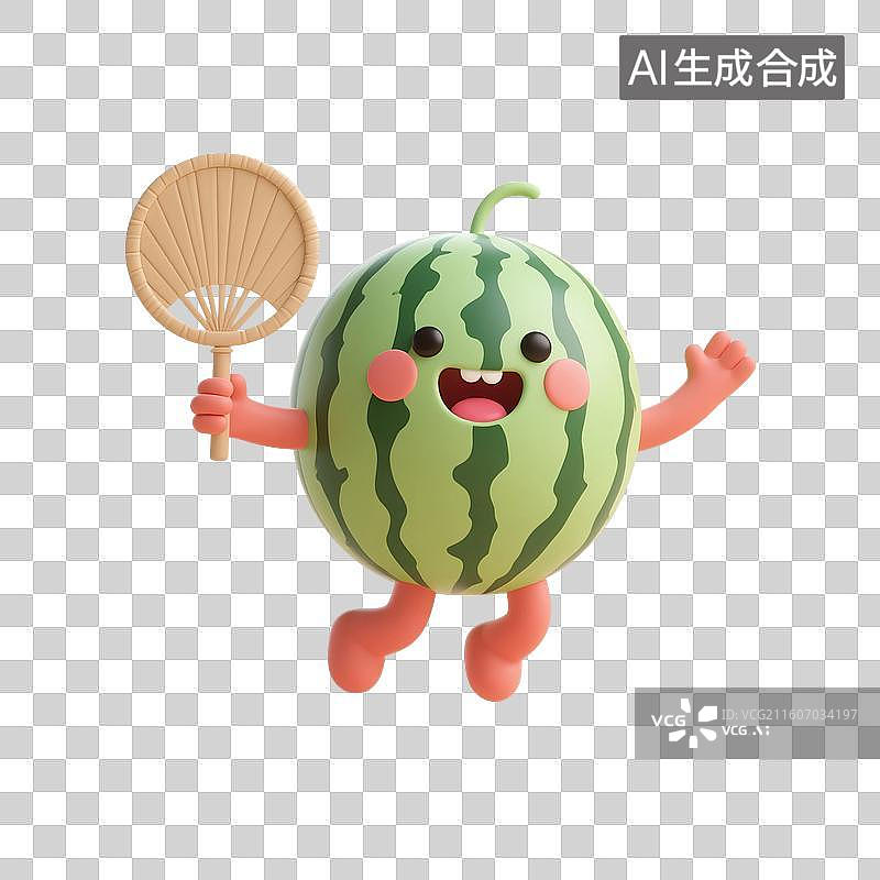 【AI数字艺术】3D渲染，卡通西瓜，拿着扇子的拟人西瓜，夏天，一个新鲜水果，食材，免抠元素图片素材