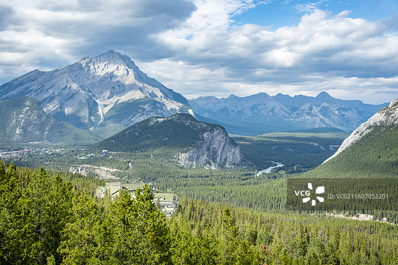 加拿大落基山脉班夫，硫磺山缆车旁，山峦冰雪，风光壮丽。图片素材
