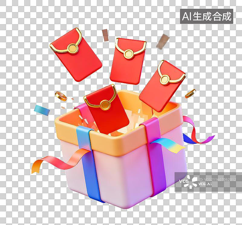 【AI数字艺术】飞出红包的礼物盒3D卡通免抠元素图片素材