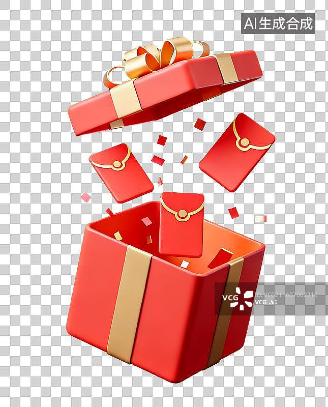 【AI数字艺术】飞出红包的礼物盒3D卡通免抠元素图片素材