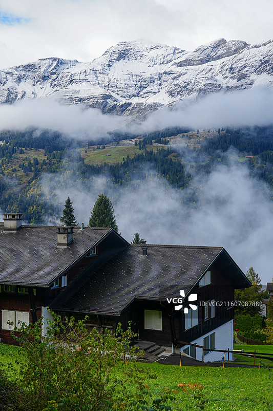 瑞士温根区域雪山和木屋图片素材
