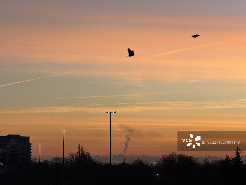 日出时分渐变色的绚烂朝霞和天车地铁站及海鸥和远山图片素材