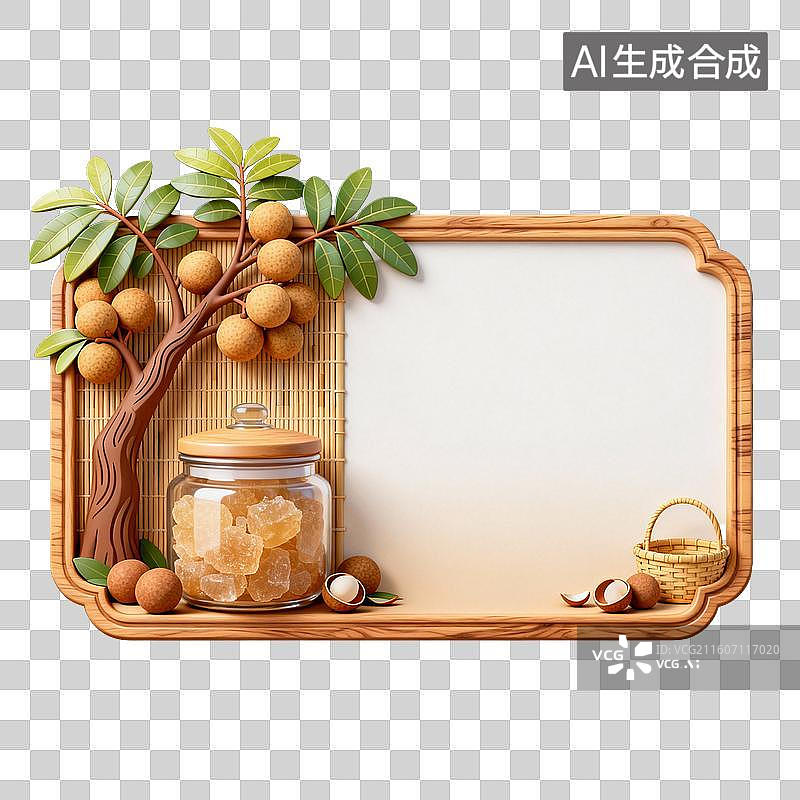 【AI数字艺术】带有龙眼树和糖罐的木质边框装饰图片素材