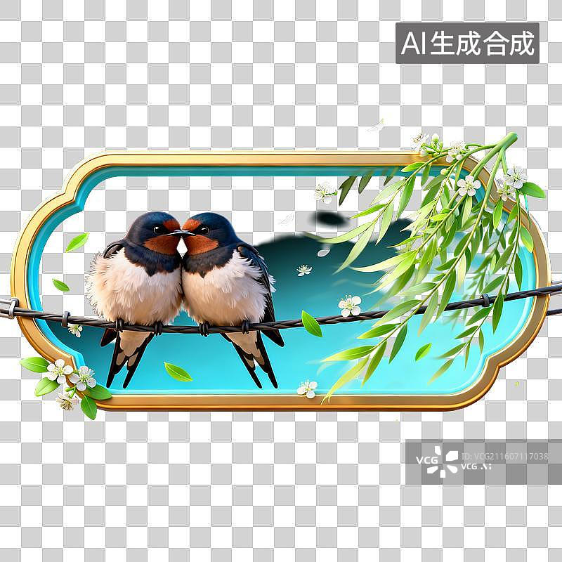 【AI数字艺术】两只燕子在柳枝旁的电线上图片素材