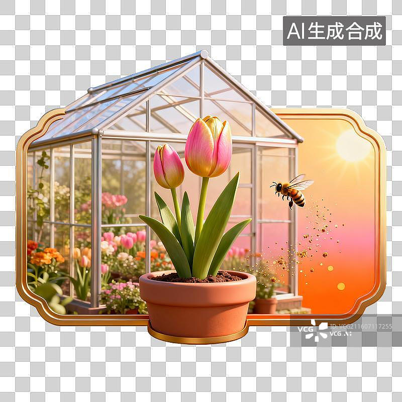 【AI数字艺术】温室旁的郁金香盆栽与蜜蜂图片素材