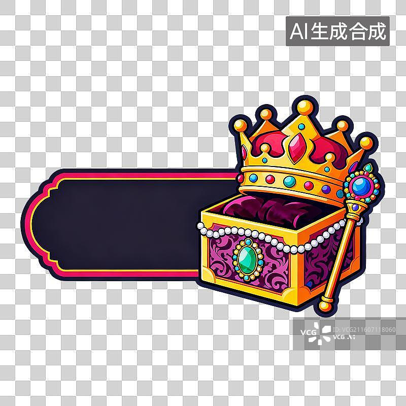 【AI数字艺术】带皇冠和权杖的装饰宝箱与空白标牌图片素材