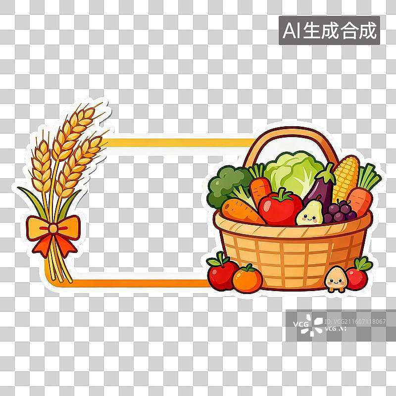 【AI数字艺术】卡通果蔬篮与麦穗装饰边框图片素材