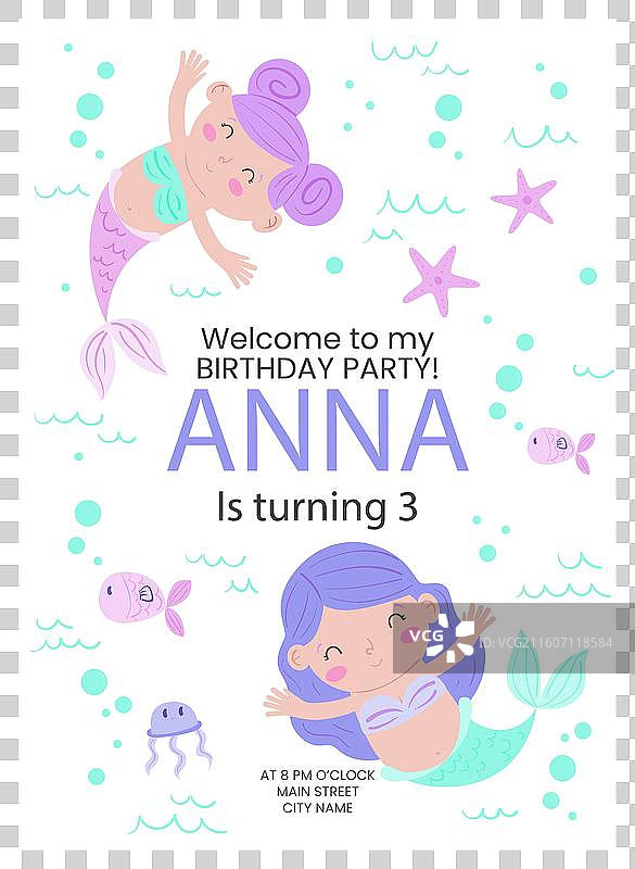 儿童美人鱼生日邀请函模板图片素材