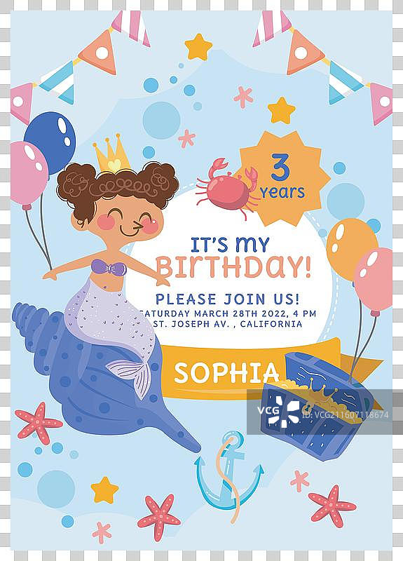 扁平化美人鱼生日邀请函图片素材