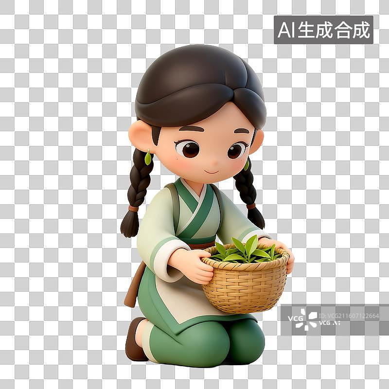 【AI数字艺术】可爱卡通女孩采摘茶叶图片素材